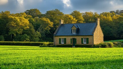 Obraz premium Quaint stone cottage in a vibrant green field, bordered by trees
