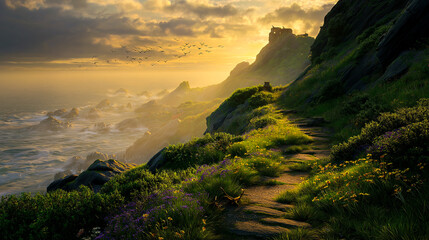 Alpine Lake with Mountains and Wildflowers