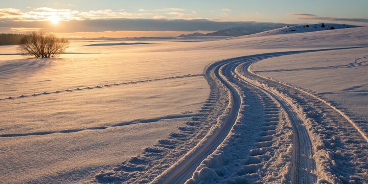 Golden Hour Snowscape Tire Tracks on Snowy Hill with Sunrise, Winter , Landscape
