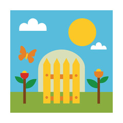 Sunny Day Garden with Butterflies and Wooden Gate