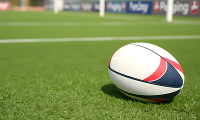 Close-Up of a Rugby Ball on Artificial Turf Field with Goalposts in Background