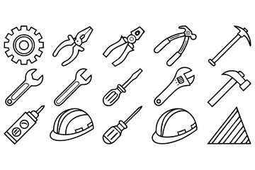 Tools icon set in vector style featuring hand drawn illustrations of repair and construction equipment