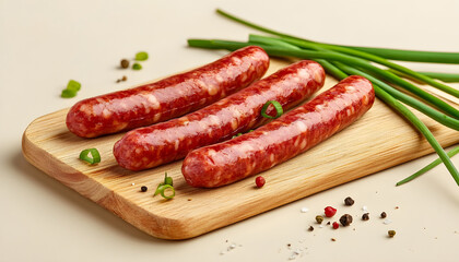 Board with tasty thin sausages and green onion on beige background