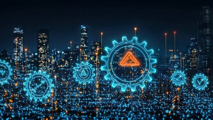 Cityscape overlayed with glowing digital gear and warning symbols - Powered by Adobe