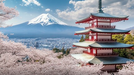 Cherry blossoms, mountain, pagoda, city