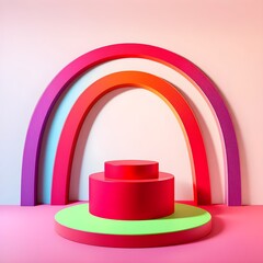 Obraz premium Magic hat with rainbow and colorful balloons on podium stage illustration