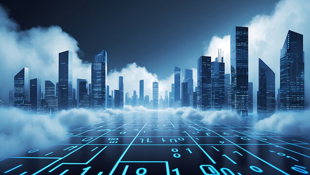 Futuristic cityscape floating above a digital binary code grid with cloudy atmospheric effects