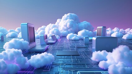 Futuristic cloud computing concept depicting technology in the digital cloudscape environment