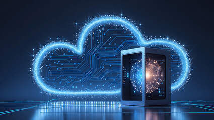 Futuristic cloud computing and data storage server depicting technological advancements and innovation