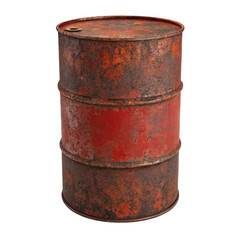 Old rusty red oil barrel, a weathered industrial metal drum, isolated on a white background.
