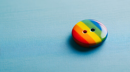 Rainbow-colored button on blue background, symbolizing pride and inclusivity