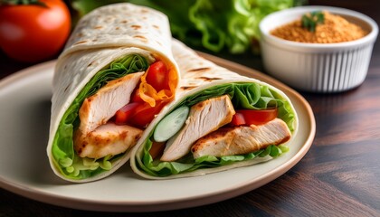 close up of a delicious chicken and vegetable wrap