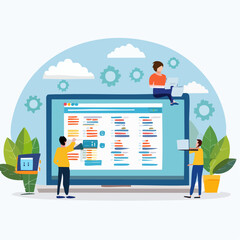 Software development, coding team, programming frontend backend framework, debugging algorithm, testing or deployment concept, young people software engineer working with online cloud computer lapto