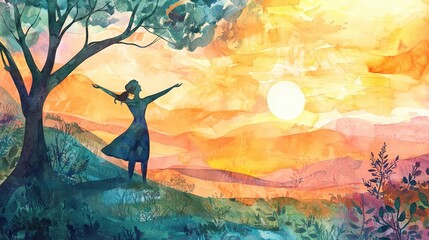 Woman on hilltop sunset watercolor