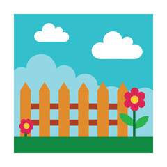 Garden Background with Flowers and Wooden Fence