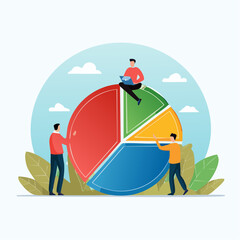 Employee participation, partnership or collaboration to success, teamwork or team effort for business development, statistic or analytics concept, business people colleagues help building pie char