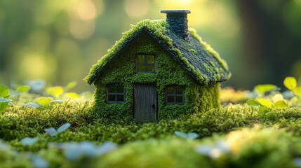 Realistic photography close up miniature green macro house with moss texture on moss surface.
