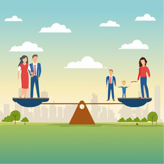 Naklejka premium Work life balance, choose between family or hard work to be success, career opportunity or spend time with family, decision or responsibility concept, seesaw compare between family and man work har