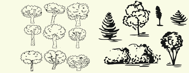 Hand-drawn tree illustration vector set featuring a variety of tree doodles in a minimal and organic line-art style.
