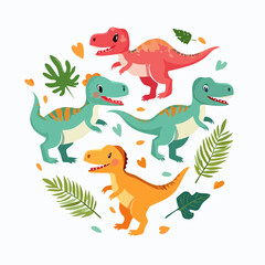 cute T-Rex characters with round bodies and playful poses, set against a bright background