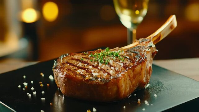 Grilling the perfect tomahawk steak with herbs and spices in a cozy restaurant setting