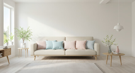 "Scandinavian Serenity – Light Beige Sofa & Pastel Accents in a Bright, Natural Living Room"