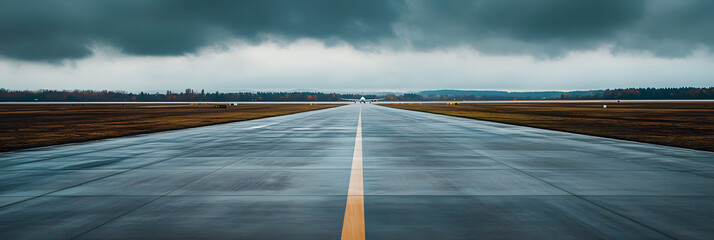 Empty airport runway with cloudy sky, no planes seen