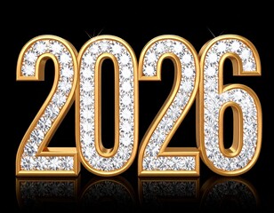 Luxurious 3D &ldquo;2026&rdquo; in gold, encrusted with diamonds. Elegant and shiny, isolated on black background with soft reflections. Perfect for New Year, luxury branding and festive visuals.