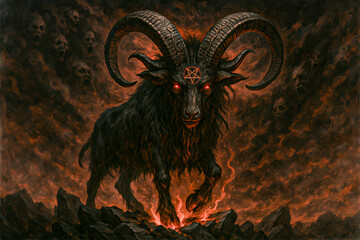 Demonic Black Goat with Glowing Eyes and Pentagram in Hellish Landscape