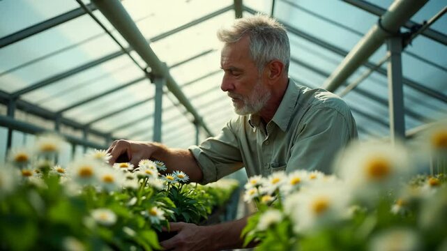 Elderly man cultivates daisies in greenhouse while sharing gardening tips and insights