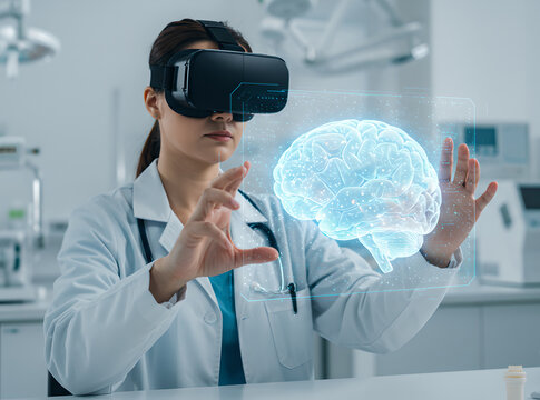 Doctor woman neurologist using VR-assisted diagnostic tool to study brain activity. Visualizing electrical impulses and neural pathways in virtual space, holographic neuroimaging - Powered by Adobe