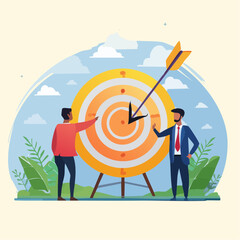 Company target achievement, business goal or objective to achieve, team strategy, leadership development, aiming for winning goal concept, businessman point arrow bullseye target to team colleague