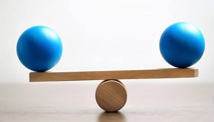 two blue balls or spheres balancing in wooden rings over white background abstract balance or stability concept with copy space