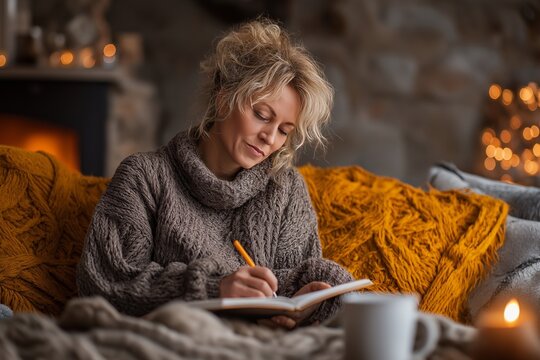 Middle-aged woman journaling in cozy room to embrace a longevity lifestyle while enjoying a serene atmosphere during winter evenings
