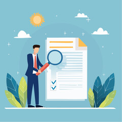 Obraz premium Inspect or review document, report or legal audit, quality assurance, search for document, information or research, investigate, proof or checking concept, businessman with magnifier inspect documen