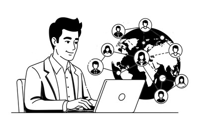 Modern Line Art Illustrations Depicting a Professional Using Technology to Connect Globally for Business and Networking Themes