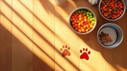 A distinct illustration of pet food and water bowls neatly arranged on the floor, with a paw print icon nearby