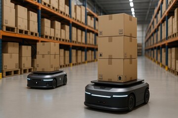 Automated Warehouse Logistics: A state-of-the-art automated guided vehicle navigates through rows of stacked cardboard boxes in a modern warehouse.