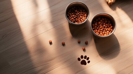 A distinct illustration of pet food and water bowls neatly arranged on the floor, with a paw print icon nearby
