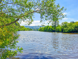 Beautiful views of the spring Berounka river, forest and mountains, Czech.