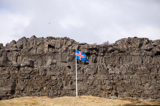 Logberg with Iceland flag in Thingviller National Park