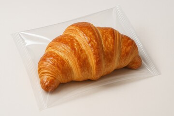 Buttery Delight: An isolated image of a freshly baked croissant encased in a transparent wrapper, perfect for showcasing the delicate textures and inviting golden-brown hue. 