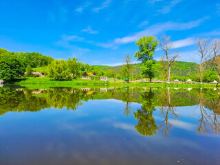 Beautiful views of the spring Berounka river, forest and mountains, Czech.