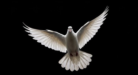 A white dove in full flight against a stark black background, wings spread wide.