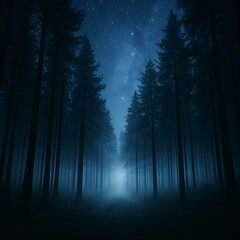 Fototapeta premium Misty Pine Forest with Starlight Piercing Through Tree Canopies