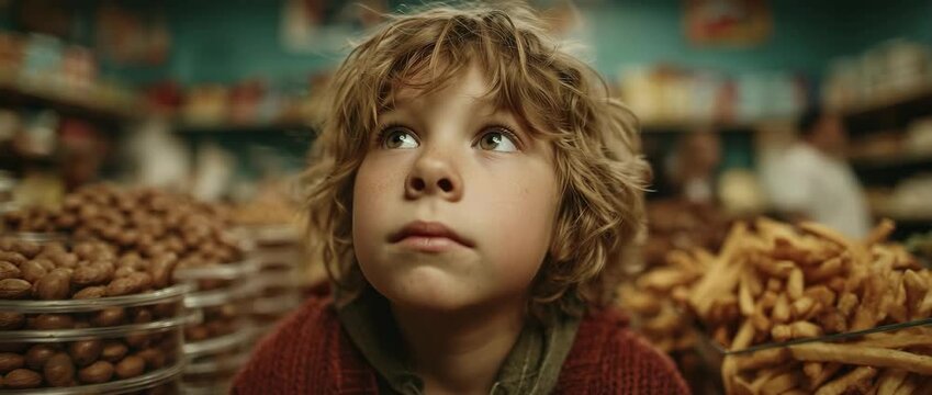 Curly-haired hungry boy with freckles staring upward surrounded by bins of peanuts and fries in warm-lit market, locked-off camera, close framing