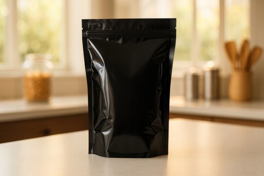 Black Package on Kitchen Counter: A sleek, matte black pouch stands prominently on a clean kitchen countertop, radiating modern elegance. The setting sun bathes the scene in a warm, inviting glow.