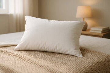 Serene Rest: An inviting shot of a plush white pillow resting on a soft beige throw, atop a bed in a warm and tranquil bedroom setting, capturing the essence of comfort and relaxation.
