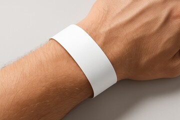 Admission Wristband: A blank white wristband adorns a human wrist, symbolizing entry, access, or identification in a clean, minimalist style.