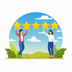 Employee survey, customer feedback rating or performance review, five stars service, best experience or feedback and engagement concept, business people employees holding 5 stars rating feedback